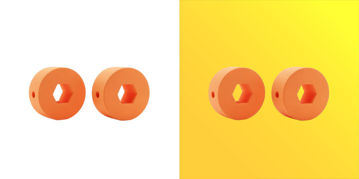 Two orange circular plastic rings with hexagonal holes in the center, isolated on a white background, 3d industrial hardware components