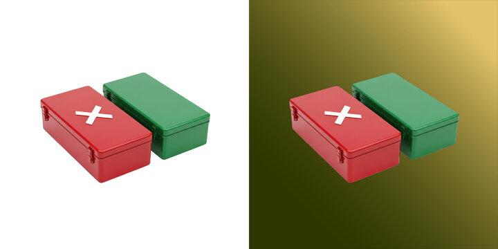 Two rectangular first aid boxes, one red and one green, featuring a white cross symbol on the lid, isolated on a white background, 3d render