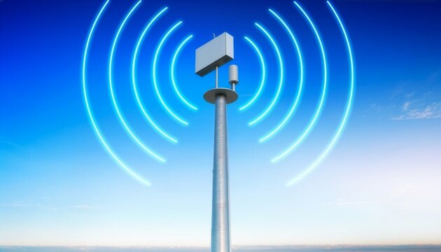 Modern telecommunication tower emitting blue wireless radio signals against a clear bright sky, representing advanced mobile network connectivity, high-speed internet, and digital communication techno