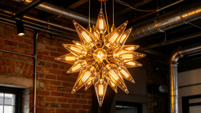 Glowing Golden Starburst Pendant Light in a Rustic Interior with Exposed Brick Walls