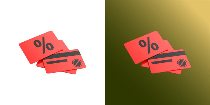 Two red plastic credit cards with a percentage symbol and a prohibition sign, representing financial discounts, isolated on a white background