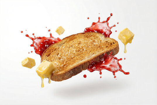 Levitating breakfast toast with red jam splash and dripping butter suspended in mid air