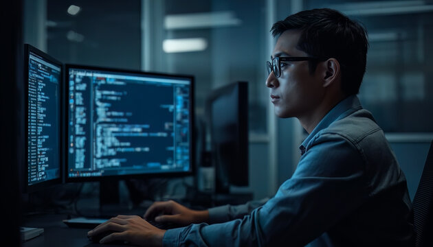 A programmer examines source code on desktop displays, illustrating software development, debugging, script review, and focused technical work in a dimly lit office.