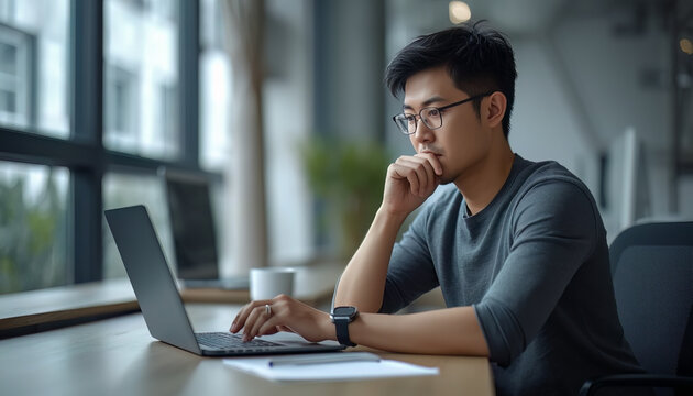 A man in a dark shirt concentrates on his laptop at an office desk, balancing computer work with careful thought. Suitable for productivity, technology, and problem solving.