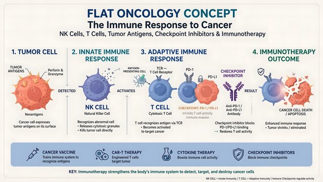 Medical Infographic Diagram Explaining Cancer Immunotherapy and Immune Response to Tumor Cells.