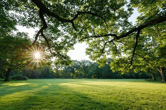 The Sunlit Park Landscape with Tree Canopy and Gleaming Grass at Dawn