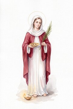 Watercolor Saint Lucy with martyr palm, plate with eyes and oil lamp on white background