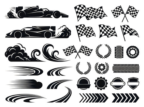 Race car speed flags and trophies vector icons set