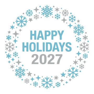 Happy holidays 2027 wreath with blue snowflakes