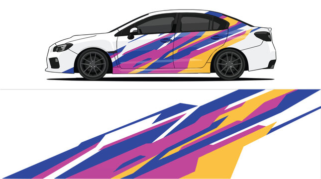 Car Wrap Design with Dynamic Zigzag Livery in Blue Yellow Pink