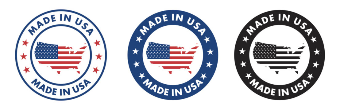 Made in USA circular stamp badge collection, featuring American map elements quality stamp. Patriotic flag badge. for product packaging and manufacturing identity labels. Vector illustration