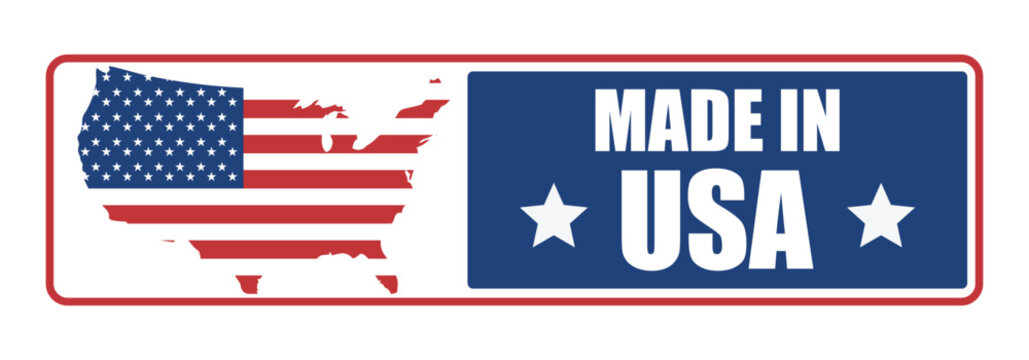 Made in usa label with american flag, made in usa in red lettering vector illustration