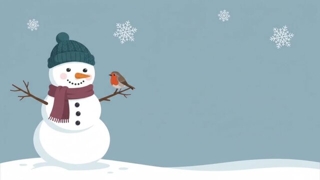 Snowman and robin Christmas greeting card animation with copy space