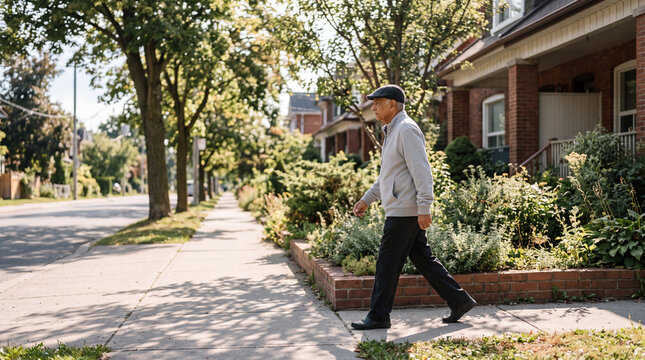 Senior South Asian man in flat cap walking on sunny tree-lined residential sidewalk in summer with copy space on left