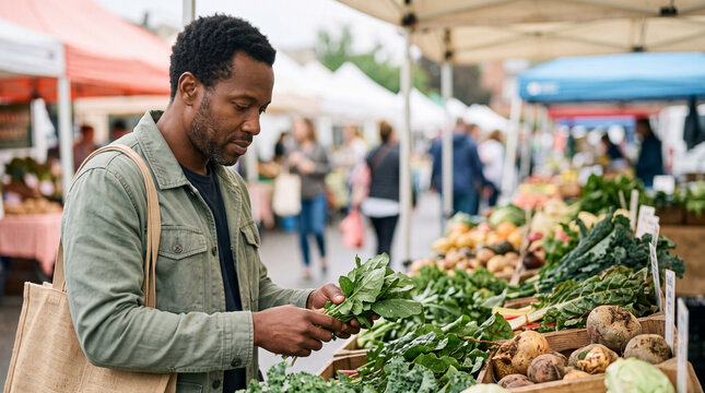 Adult Black man choosing fresh leafy greens at outdoor farmers market stall
