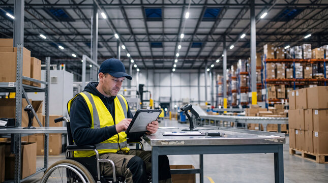 Middle-aged Caucasian man in wheelchair using digital tablet at workstation in large logistics warehouse