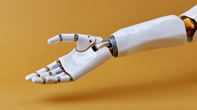 White robotic arm with articulated hand extended against orange background