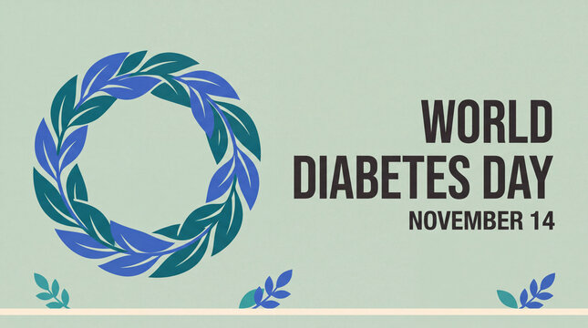 World Diabetes Day banner with blue and green leaf wreath circle flat vector-style illustration on sage green background