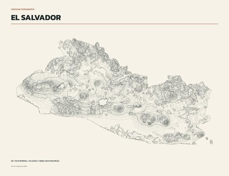 Contour line topographic map of El Salvador, minimalist elevation isolines on cream background