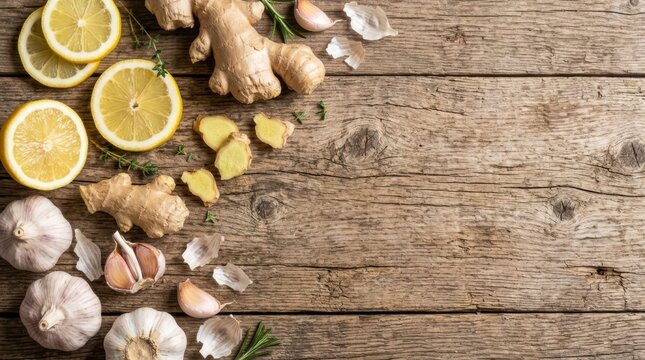 Fresh organic ingredients including lemon slices ginger root and garlic cloves arranged on a rustic wooden table background