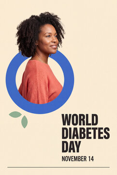 World Diabetes Day poster with smiling adult Black woman in blue circle mixed media illustration with copy space