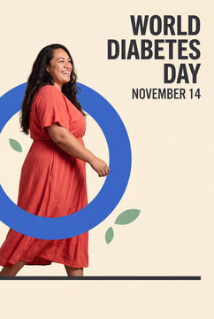 World Diabetes Day poster with happy Pacific Islander woman walking in blue circle mixed media illustration with copy space