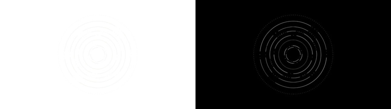 Futuristic HUD circles with white concentric dashed rings and dotted arcs for sci fi interfaces in PNG, Transparent and Black Background Versions