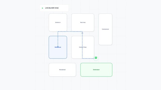 This clean motion graphic animation illustrates a live package tracking interface with a delivery vehicle navigating along a blue dotted route grid across an urban map layout