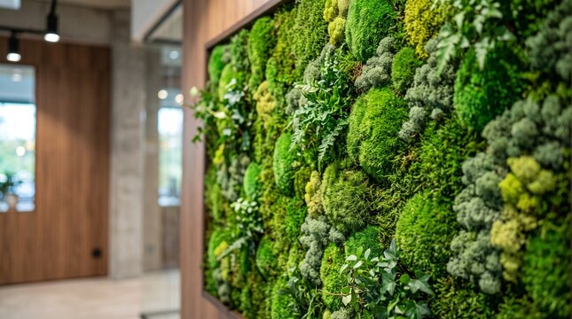 Moss biofilter wall panel showcasing greenery in modern office space  