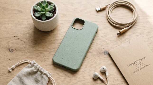 Compostable phone case on an oak desk with earphones and plant  