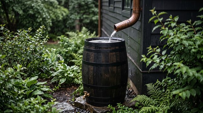 Rainwater harvesting in a wooden barrel beside a garden in eco-friendly setting  