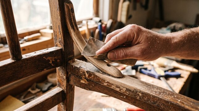 Hand sanding vintage wooden chair during furniture restoration  