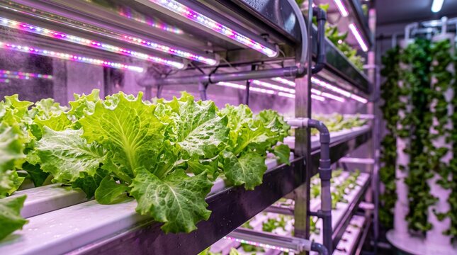 Hydroponics and LED lighting in an indoor lettuce farm  