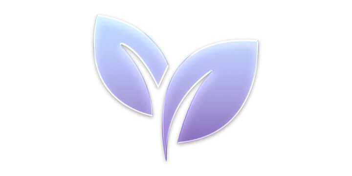 Abstract two violet glass leaves with a glossy translucent effect and light reflections for modern design elements and overlays.