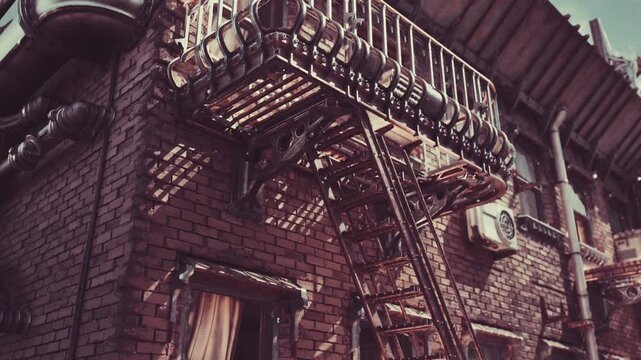 Rusted fire escape under fading light on textured brick wall, closeup of railing and stairs, warm dusk tones, nostalgic industrial detail and urban grit.