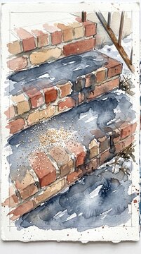 Watercolor painting of icy brick steps treated with rock salt crystals for winter ice management property care, showing melting ice and red brick texture detail.