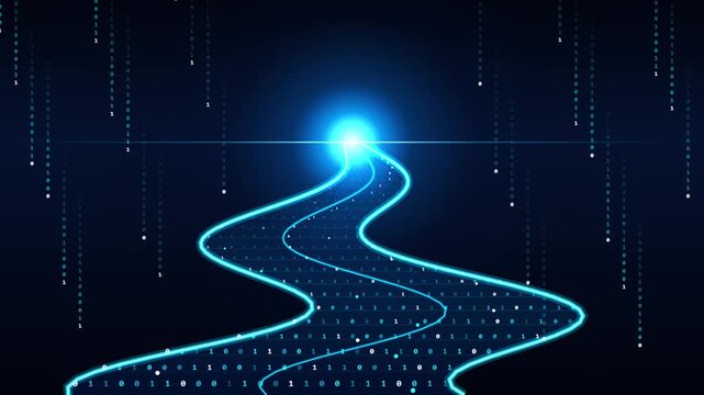 Digital data highway concept: glowing binary code path leading to future technology horizon