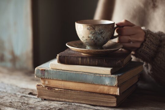 Woman enjoys tea beside a stack of well-loved books on a rustic wooden table, evoking a quiet reading ritual