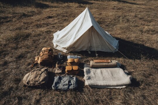 Overhead view of a neatly arranged tent, sleeping mat and backpack at a minimalist wilderness campsite