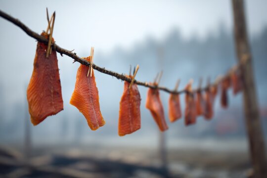Salmon strips hang from wooden racks to dry, reflecting traditional northern Indigenous food preservation practices
