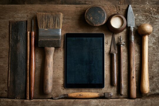 Handcrafted tools and a digital design tablet share a workbench, blending traditional skills with modern creativity
