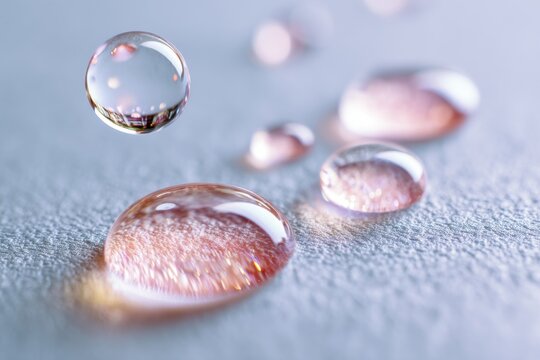 Clear serum beads glisten across smooth skin, highlighting hydration and fine macro textures