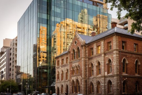 Historic masonry meets sleek glass panels in a city streetscape, contrasting heritage details with contemporary design