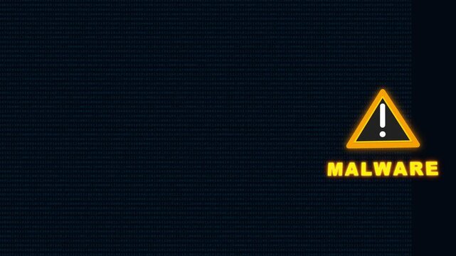 Cyber Security Malware Warning Digital Background. Warning alert symbol for malware threat displayed against a dark binary code data stream background.