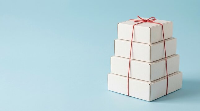 A stack of four white cardboard boxes tied together with a thin red string isolated on a light blue background surface