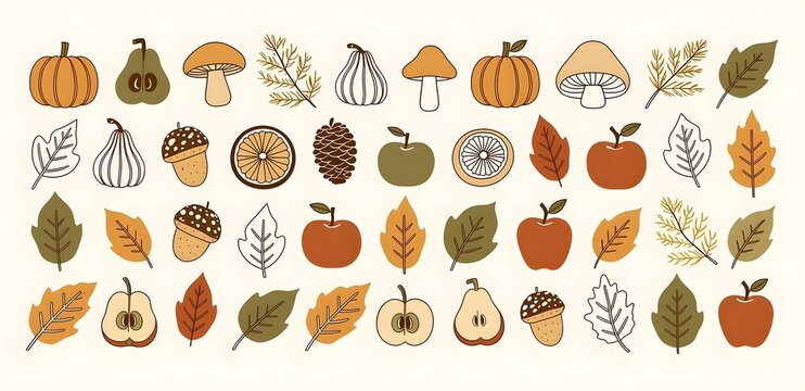 Illustrations vectorielles d'&eacute;l&eacute;ments d'automne au style minimaliste