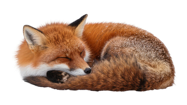 Sleeping red fox curled up with snow on fur, isolated on transparent background