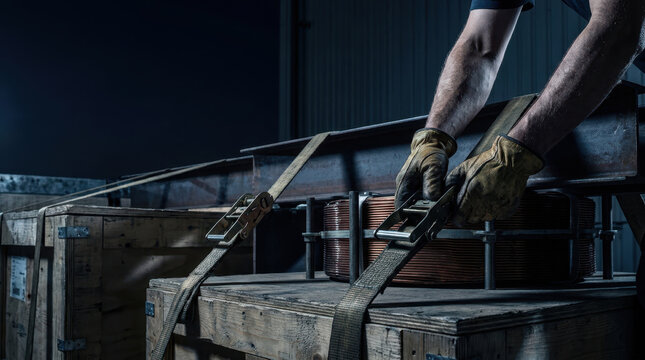 Industrial worker securing wooden crate with ratchet straps amid geopolitical trade tensions