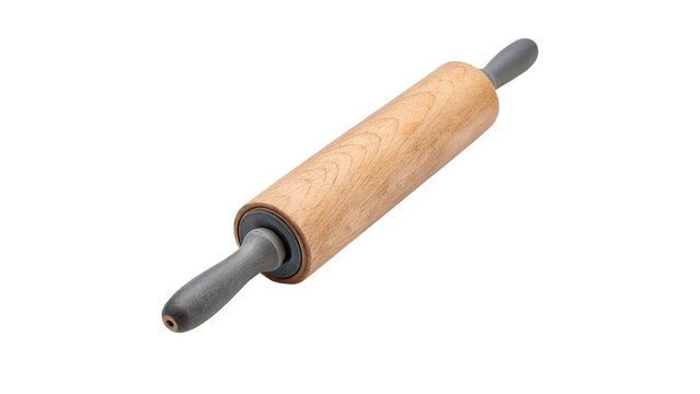 Traditional wooden rolling pin classic kitchen baking utensil for dough preparation isolated on transparent background.
