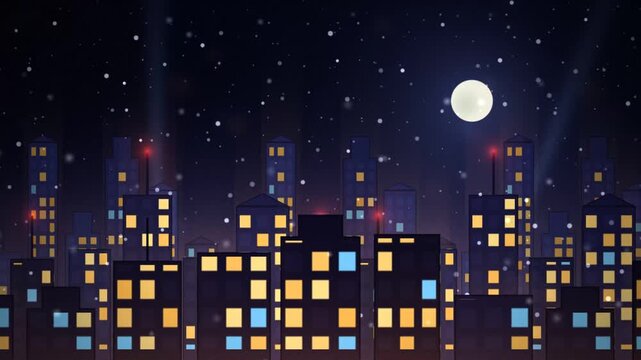 Snow falling gently over illuminated skyscrapers in a vibrant modern city skyline during a calm winter night